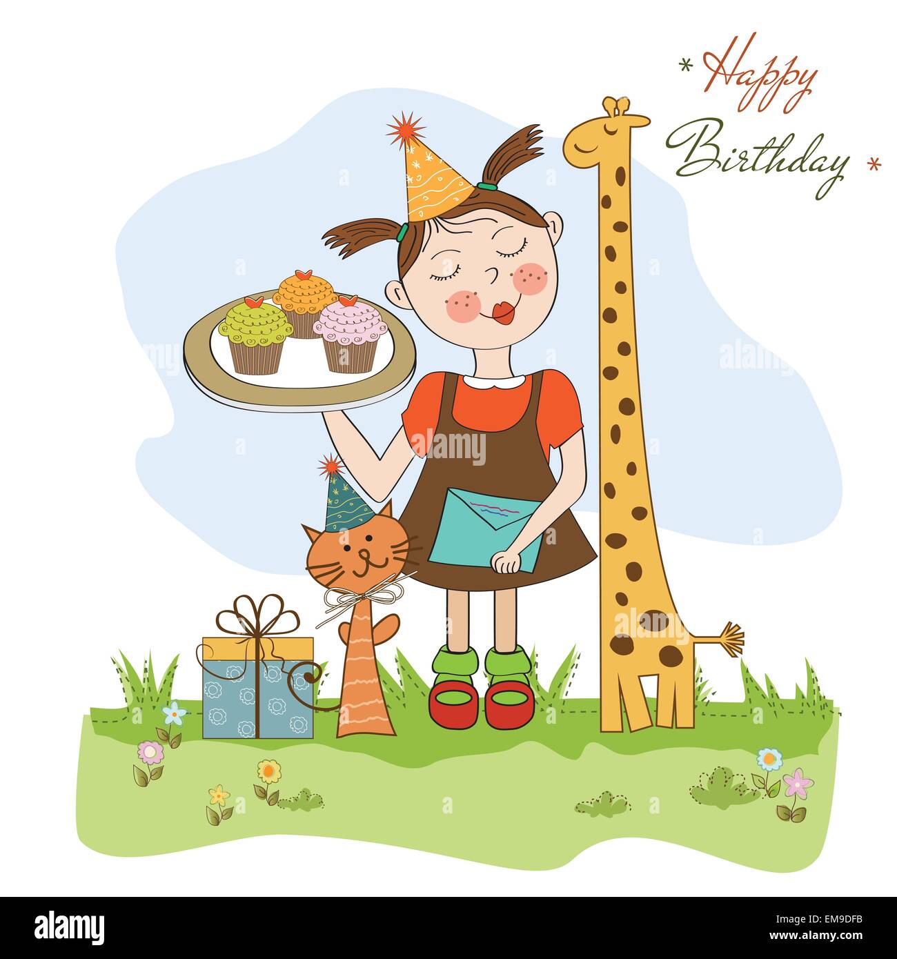 Happy Birthday card with funny girl, animals and cupcakes Stock Vector