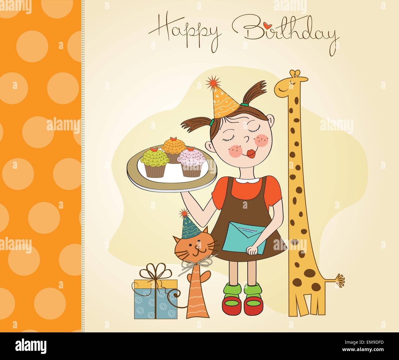Happy Birthday card with funny girl, animals and cupcakes Stock ...