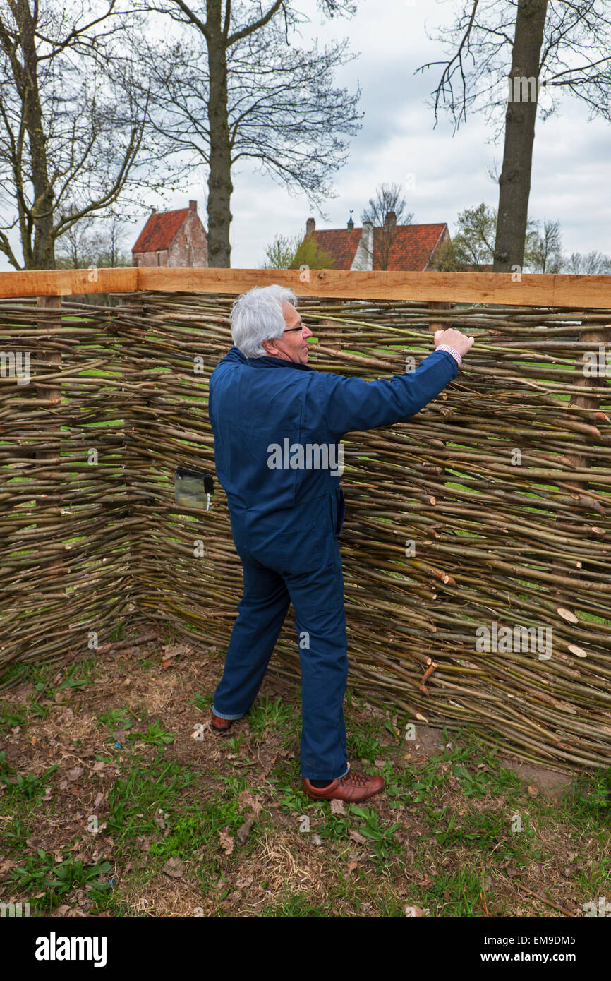 Craftsman making traditional wattle fence by weaving thin willow