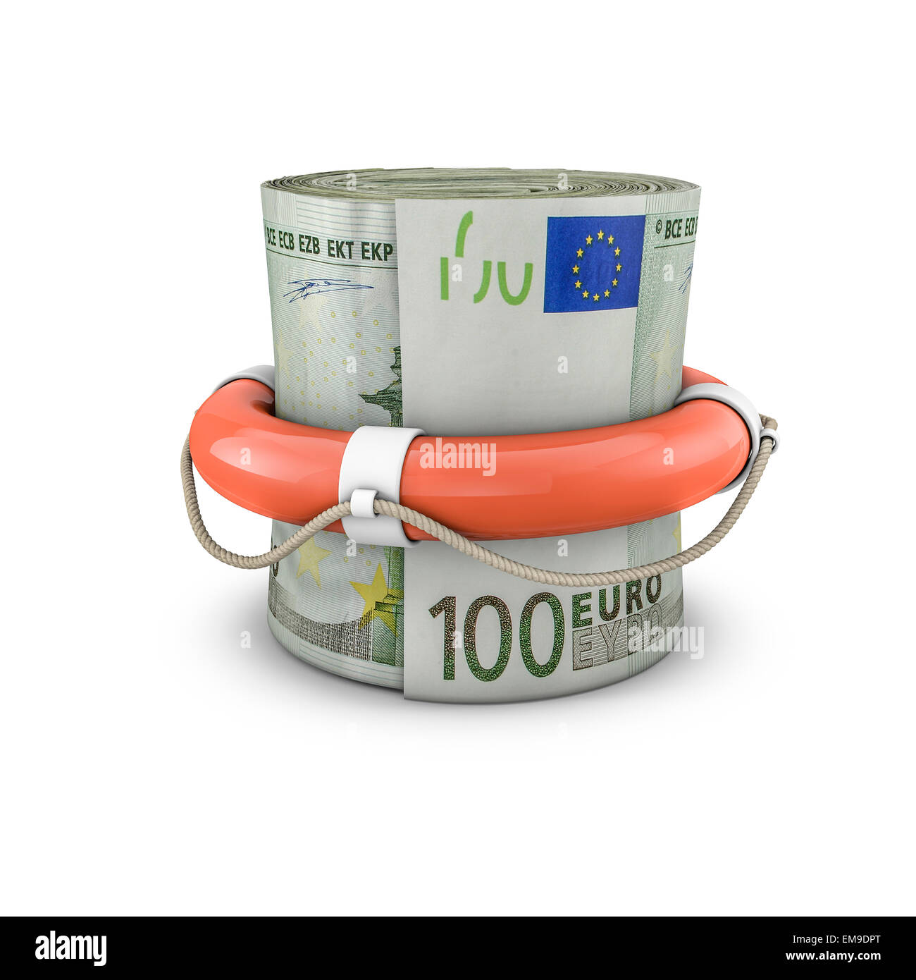 3D render of life ring around rolled up hundred euro notes Stock Photo