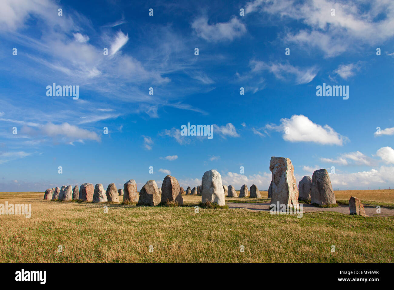 Ale's Stones / Ales stenar, megalithic stone oval monument representing stone ship near Kåseberga, Skane, Sweden Stock Photo