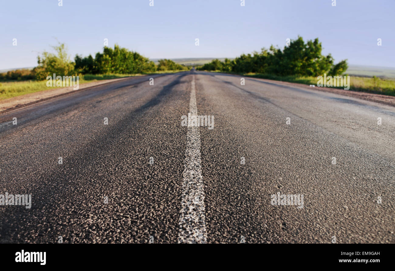 asphalt road through the green field on blue sky in summer day Stock ...