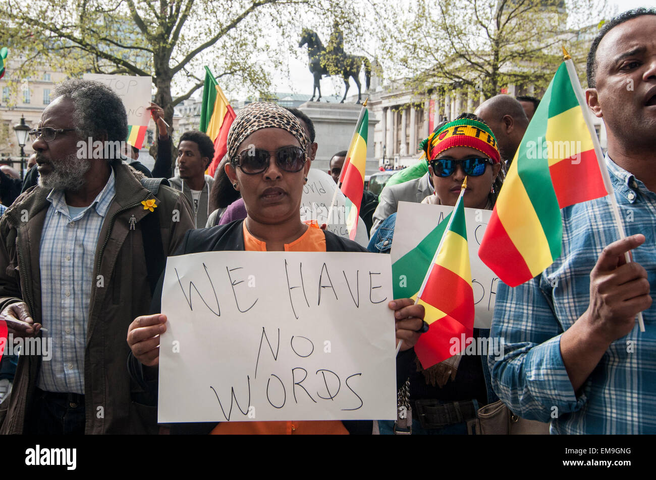London, UK. 17 April 2015.  Ethiopians living in London gather outside the South African Embassy in Trafalgar Square to protest against the xenophobic violence taking place in South Africa.  According to the protestors, Zulu people have said that foreigners, including Ethiopians, should pack up and leave South Africa. Credit:  Stephen Chung / Alamy Live News Stock Photo