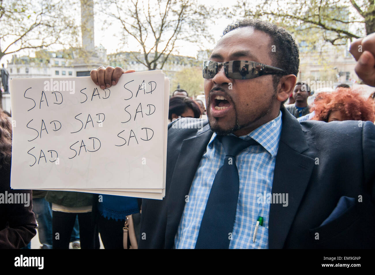 London, UK. 17 April 2015.  Ethiopians living in London gather outside the South African Embassy in Trafalgar Square to protest against the xenophobic violence taking place in South Africa.  According to the protestors, Zulu people have said that foreigners, including Ethiopians, should pack up and leave South Africa. Credit:  Stephen Chung / Alamy Live News Stock Photo