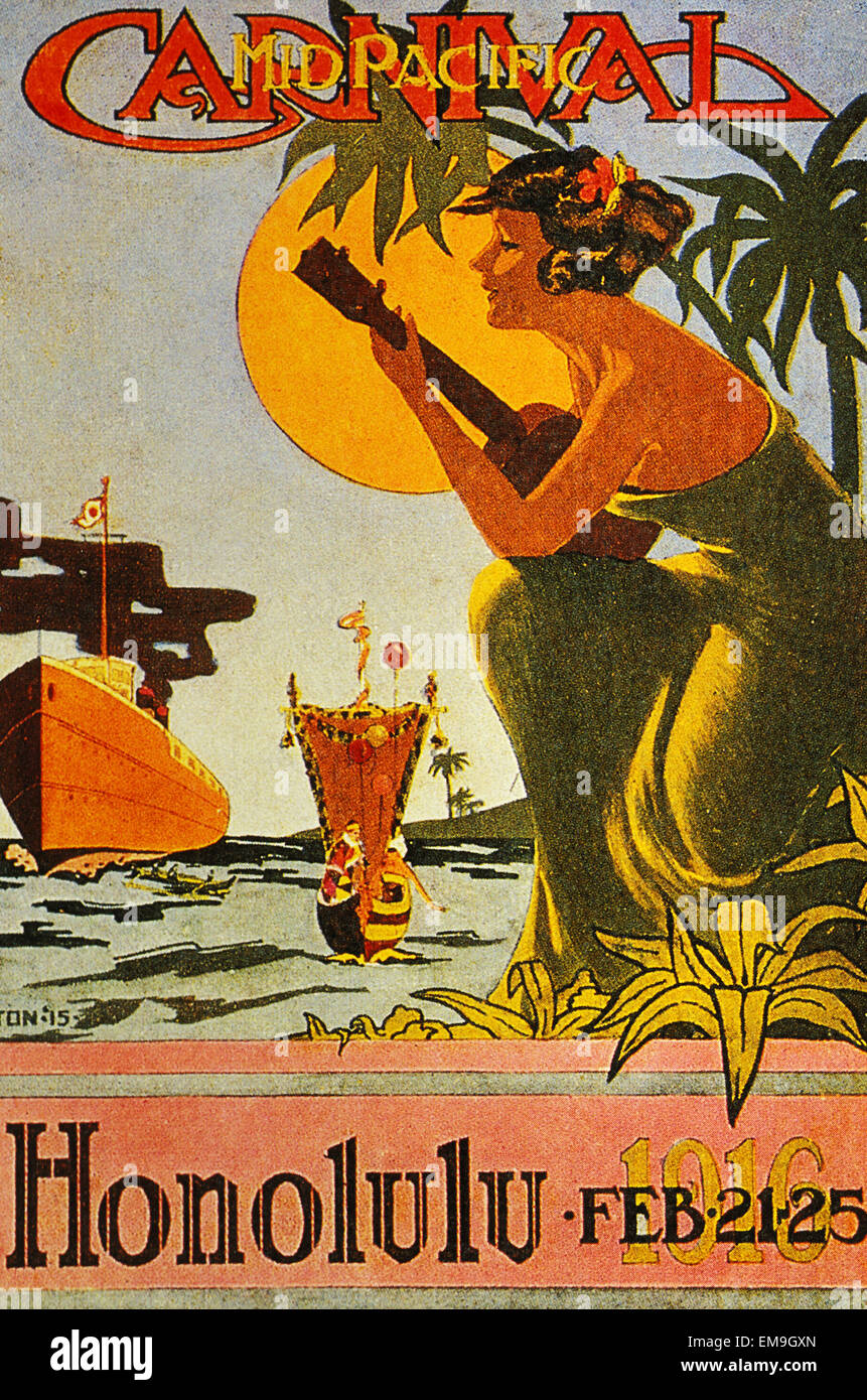 C.1925 Sheet Music, Hawaiian Hula Girl Playing Ukulele To Greet Incoming Oceanliner. Stock Photo