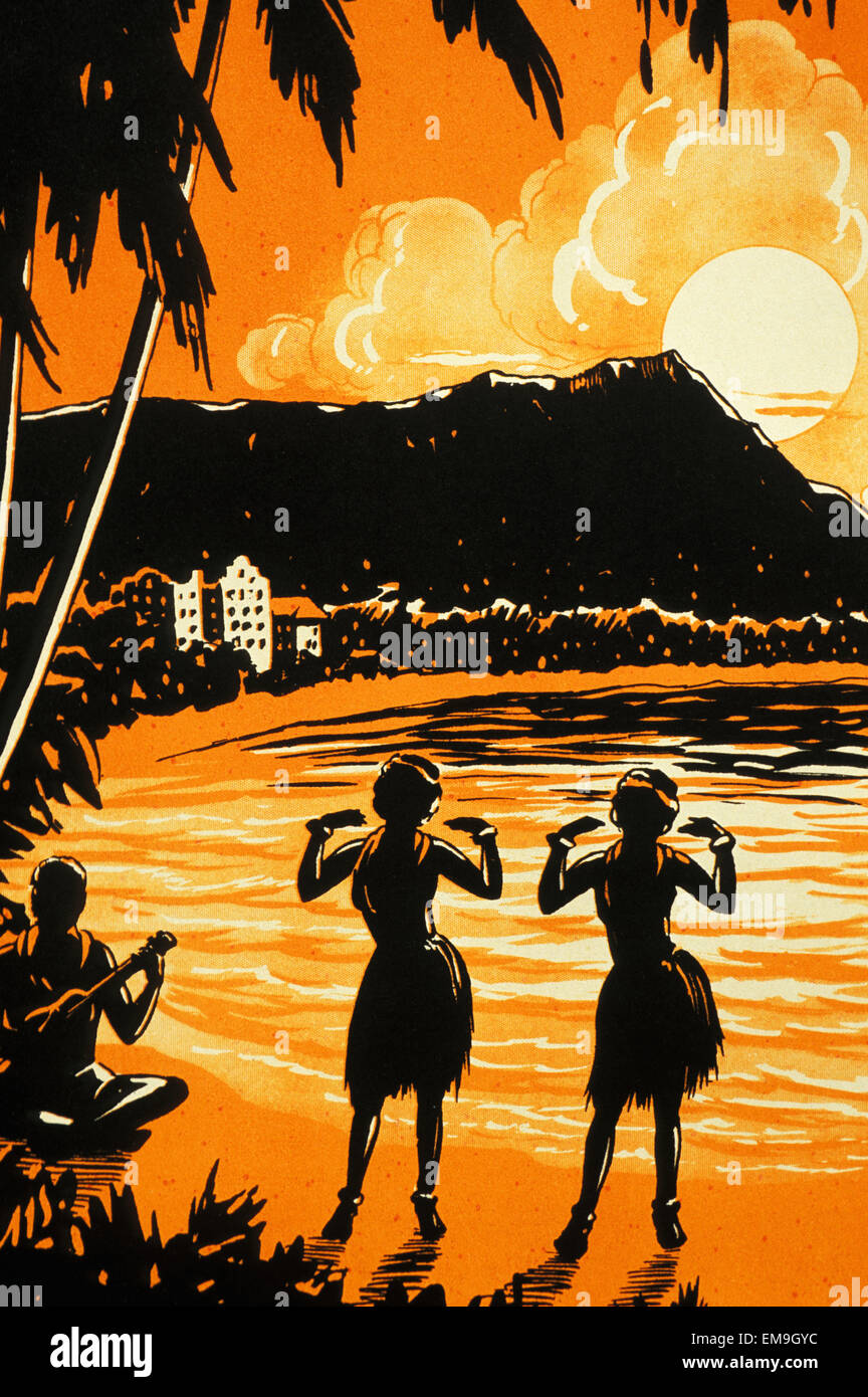 C.1925 Sheet Music, Hawaii, Oahu, Waikiki, Hula Girls Dancing On The Beach. Stock Photo