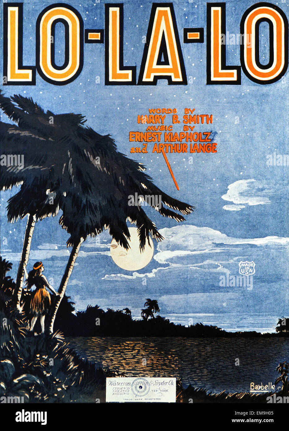 C.1910 Sheet Music, Lo-La-Lo, Hula Girl Standing On Tropical Beach Looking At Moon. Stock Photo