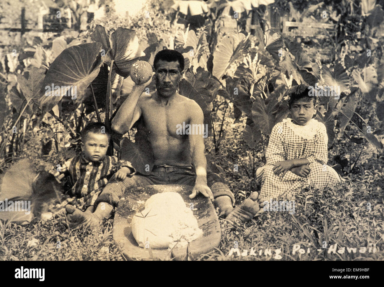 C.1910 Black And White Photograph, Hawaiian Man Pounding Poi Surrounded By Family Stock Photo