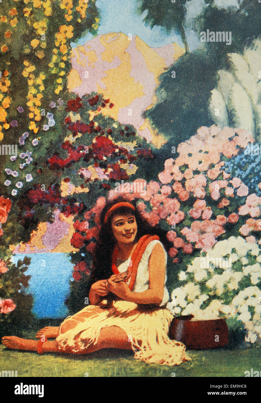 C.1930 Art Illustraion, Beautiful Hawaiian Girl In Flowering Garden, John Petty Stock Photo