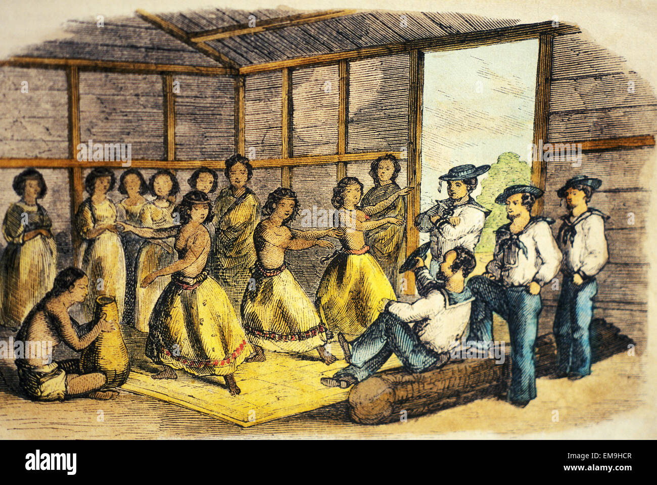 C.1845 Art/Illustration, Foreign Sailors Watch Hula Girls Dance. Stock Photo