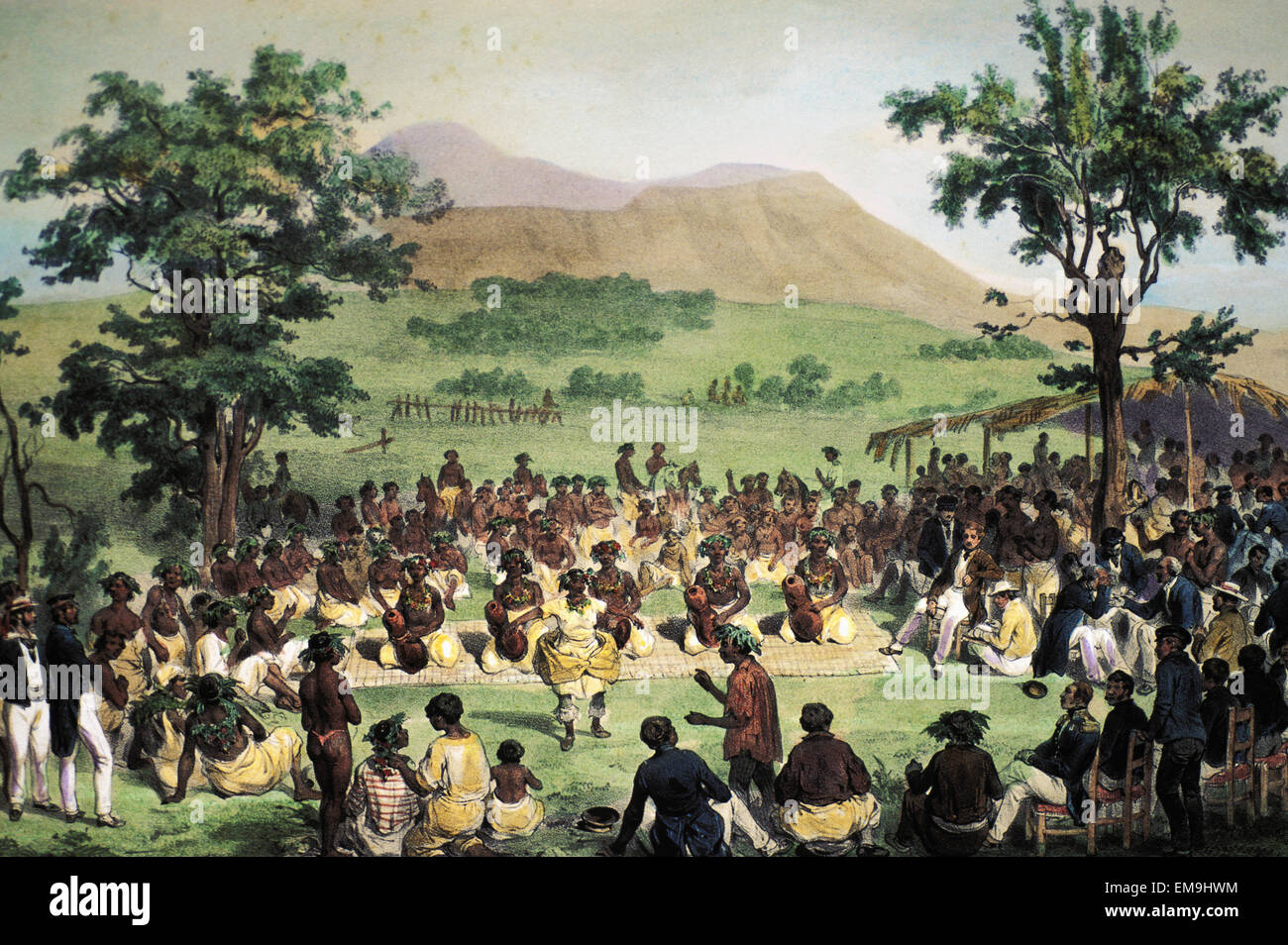 C.1840 Art/Book Illustration, Natives Of The Sandwich Islands Gather Around Dancers Stock Photo