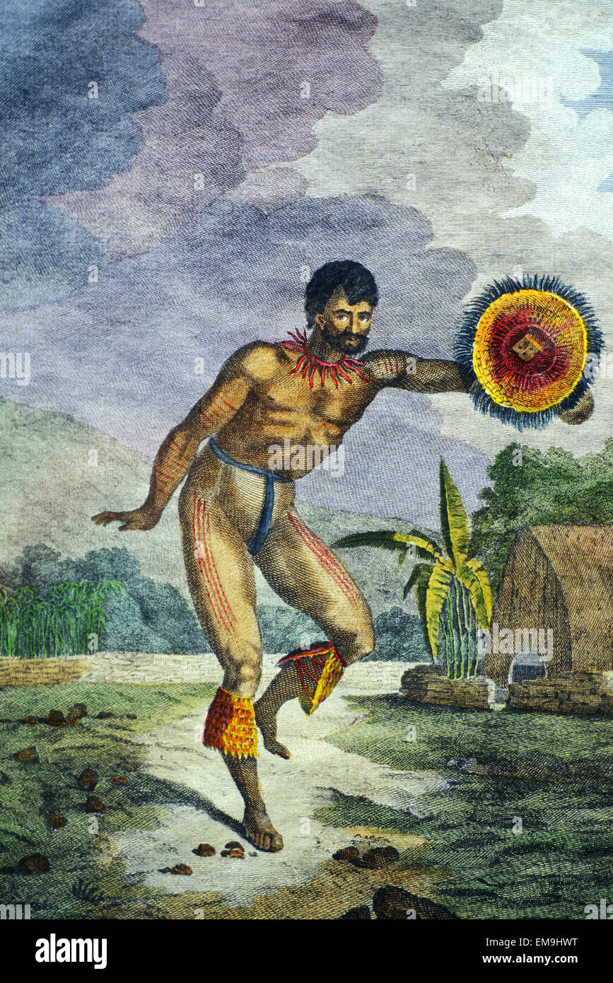 C.1785 Art/Illustration, Man Of The Sandwich Islands Dancing With Uliuli Stock Photo
