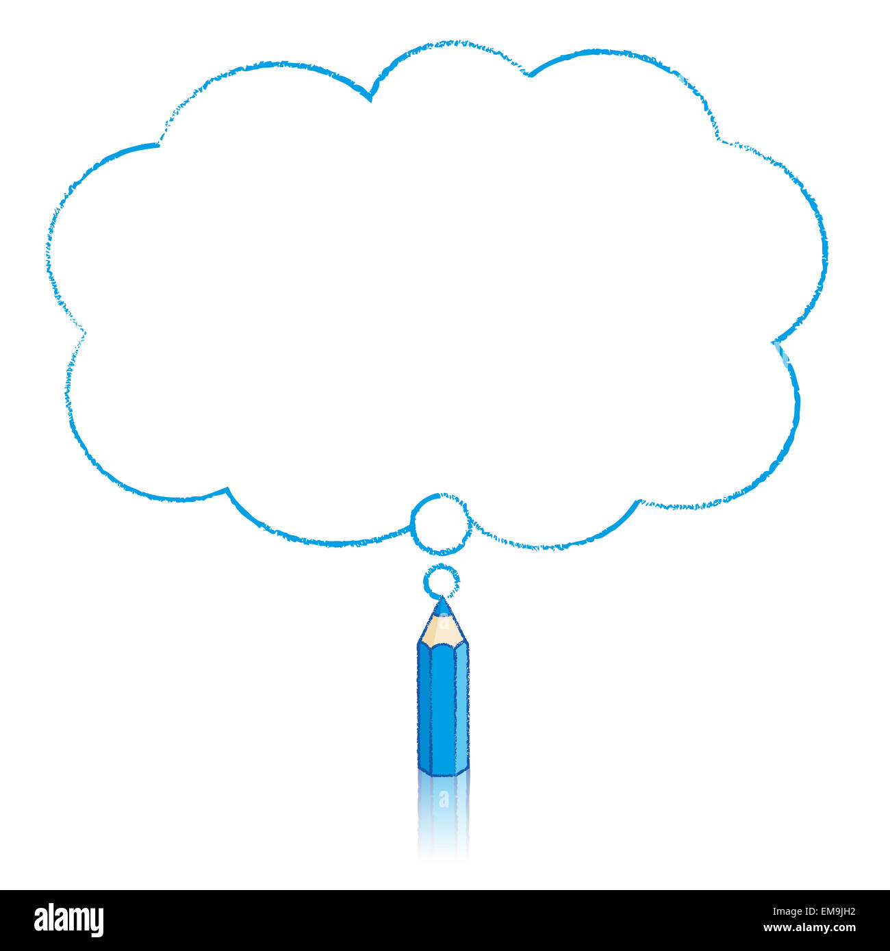 Blue Pencil with Reflection Drawing Fluffy Cloud Shaped Think Bubble on