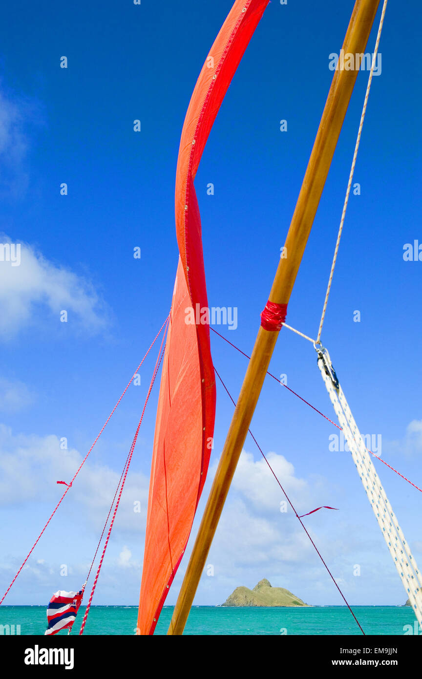 Hawaii, Oahu, Lanikai, CloseUp Of Sailboat Rigging With Blue Sky And