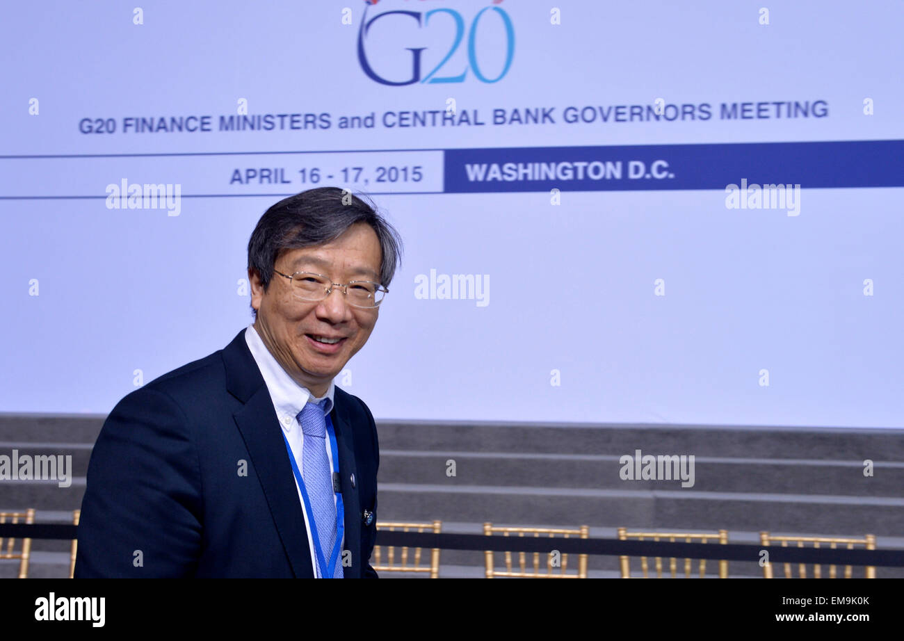 Washington, DC, USA. 17th Apr, 2015. Yi Gang, deputy governor of the People's Bank of China, arrives for the meeting of G20 finance ministers and central bank governors in Washington, DC, capital of the United States, April 17, 2015. The Group of 20 leading economies (G20) remained 'deeply disappointed' with the continued delay in progressing the 2010 International Monetary Fund (IMF) quota reform, G20 finance ministers and central bank governors said in a communique on Friday. Credit:  Xinhua/Alamy Live News Stock Photo