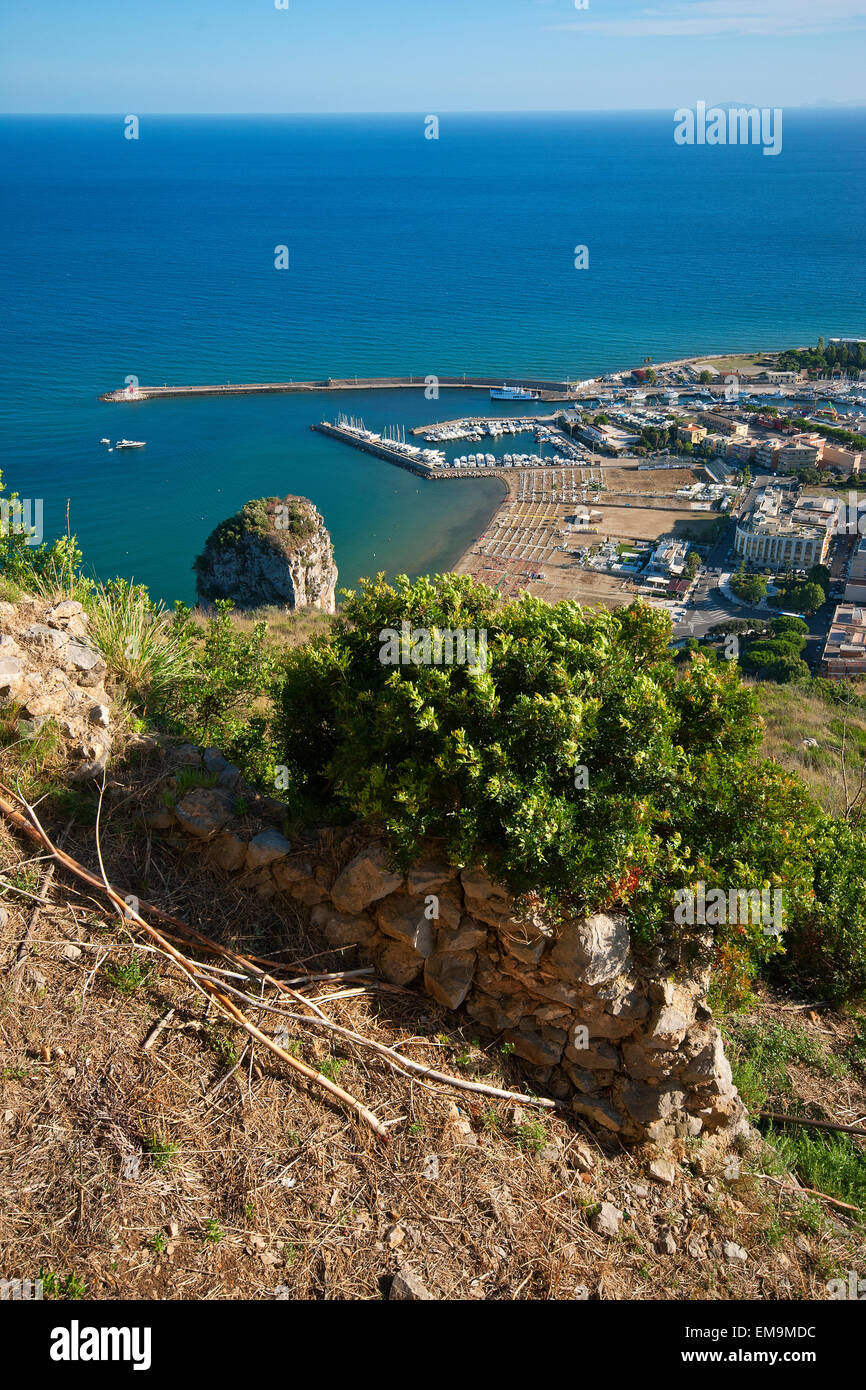 Terracina,view to the harbour from the Temple of Jupiter Anxur, on the left the top of Pisco Montano rock, Lazio, Italy Stock Photo
