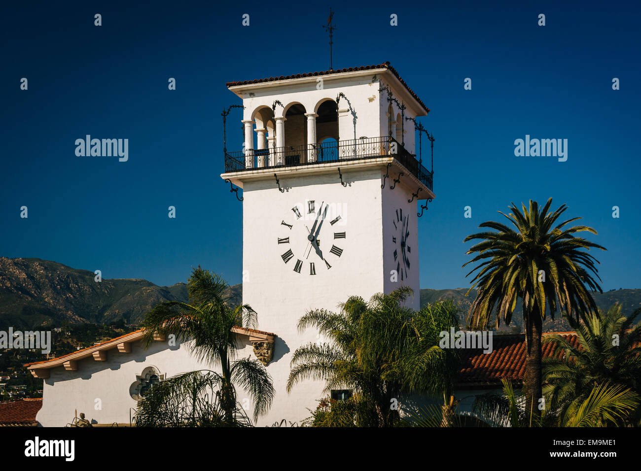 The clock tower at the Santa Barbara County Courthouse, in Santa