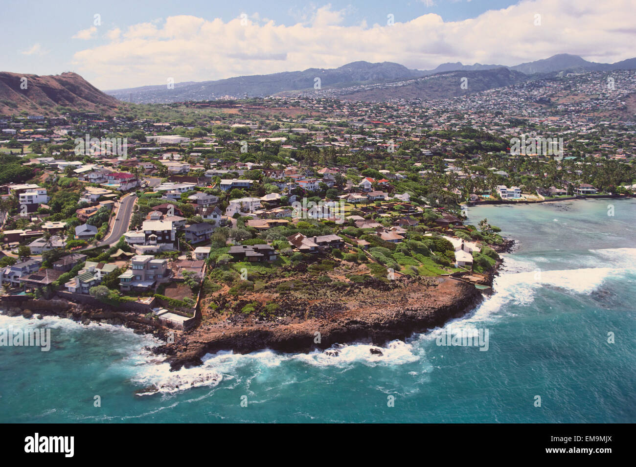 Hawaii, Oahu, Kahala Area Aerial Over Black Point, Coastal Houses Stock