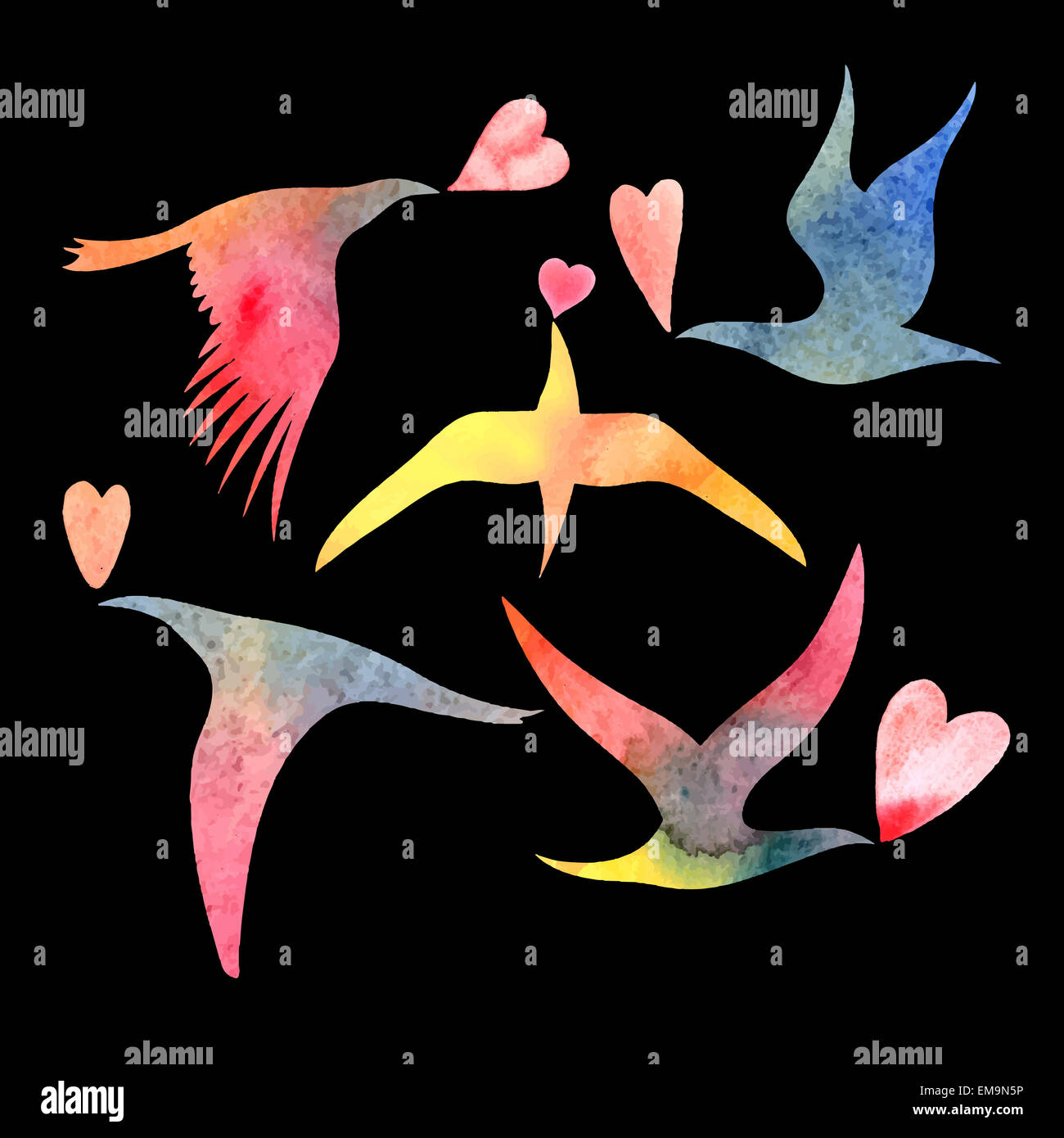 bright watercolor bird lovers on a black background Stock Photo