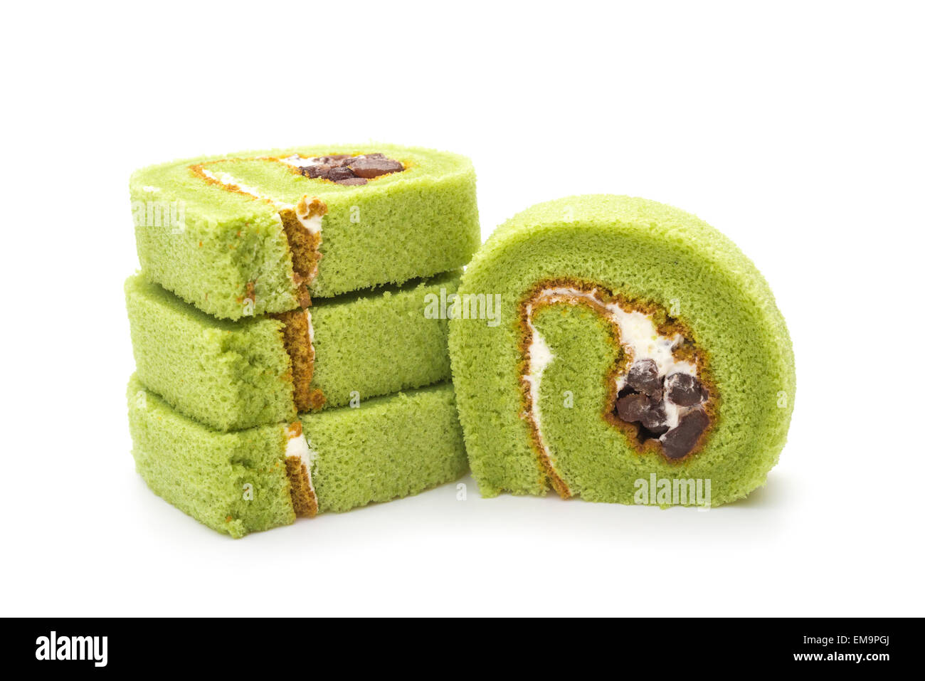 four pieces of yummy cake made by green tea and mung bean on a white background Stock Photo