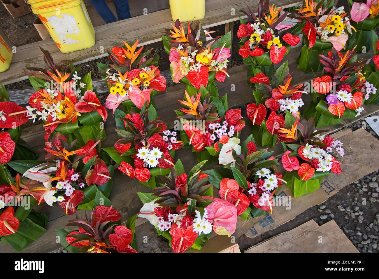 Hawaii, Big Island, Hilo, Tropical Flower Arrangements In A Downtown
