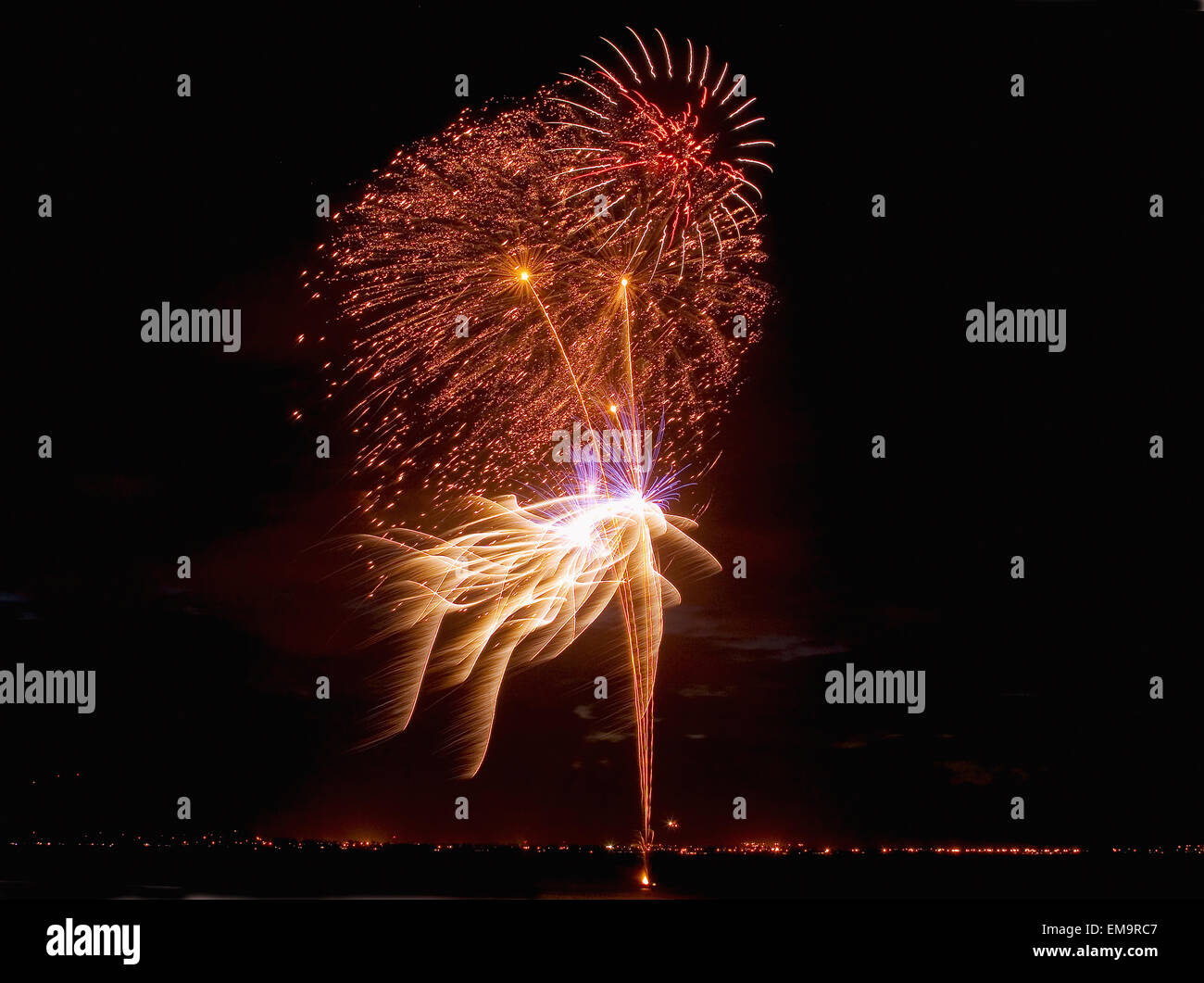 Hawaii, Oahu, Kailua, Fireworks Celebrating The 4Th Of July Stock Photo