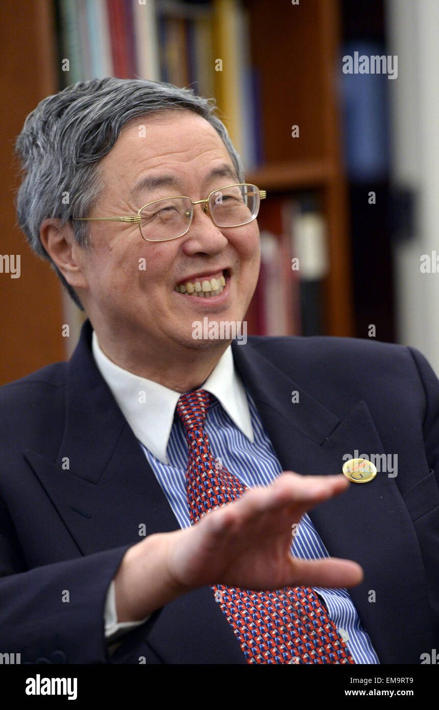 Washington, DC, USA. 17th Apr, 2015. China's central bank governor Zhou Xiaochuan speaks during an interview in Washington, DC, capital of the United States, April 17, 2015. Members of the International Monetary Fund (IMF) are frustrated with the long-delayed 2010 quota reform of the fund and called for early passage of the reform, said Zhou here Friday. © Yin Bogu/Xinhua/Alamy Live News Stock Photo