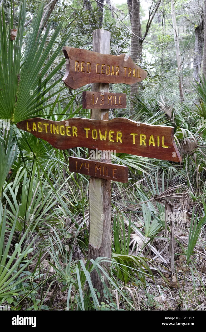 Trailhead signs indicating trail direction, salt marsh trails, Homosassa, Chassahowitzka National Wildlife Refuge, Florida Stock Photo