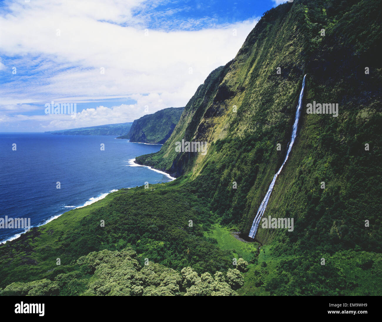 Hawaii, Big Island, Hamakua Coast, Waterfalls Cascade Into The Ocean