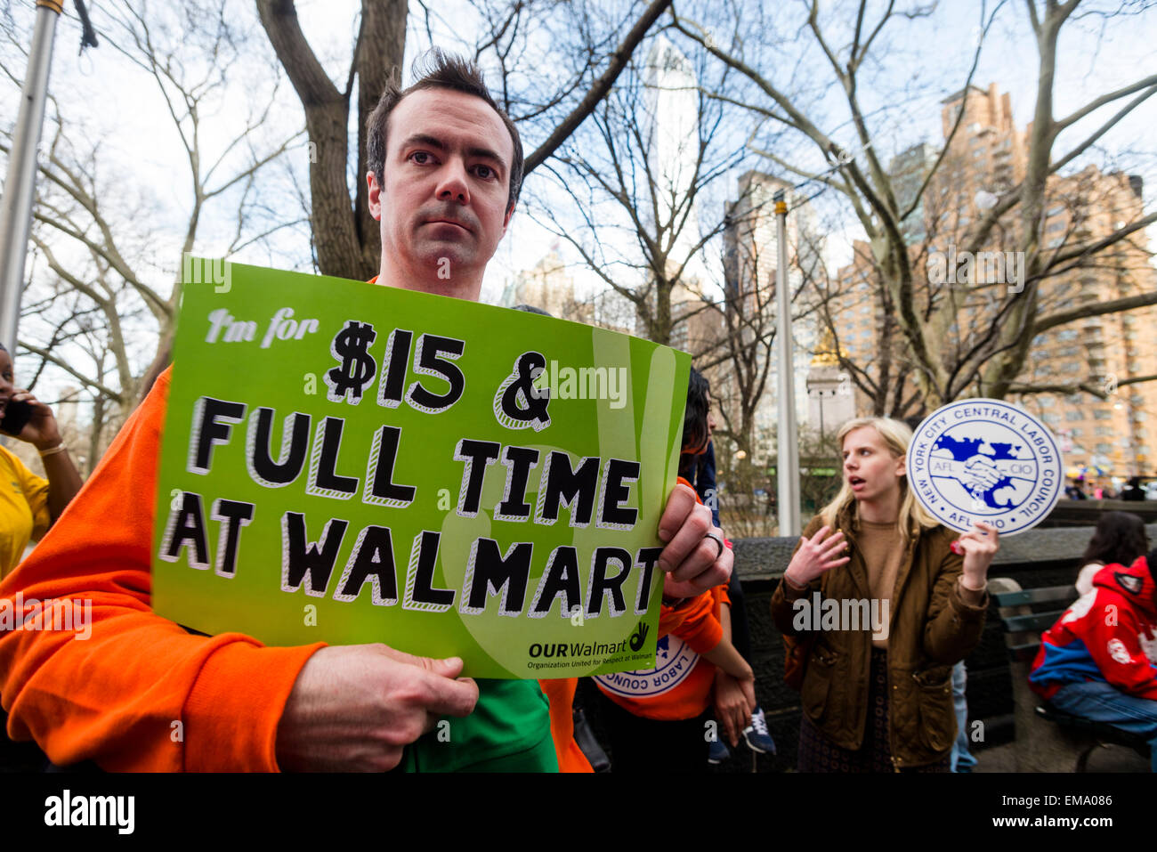 New York, USA. 15th April, 2015. Thousands of Union Members joined Fast Food Workers in a march from Columbus Circle to 42nd Street in Times Square, calling for the minimum wage to be raised to $15 an hour and the right for Fast Food workers to unionize. Workers are currently paid about $8.75 an hour. ©Stacy Walsh Rosenstock/Alamy Stock Photo