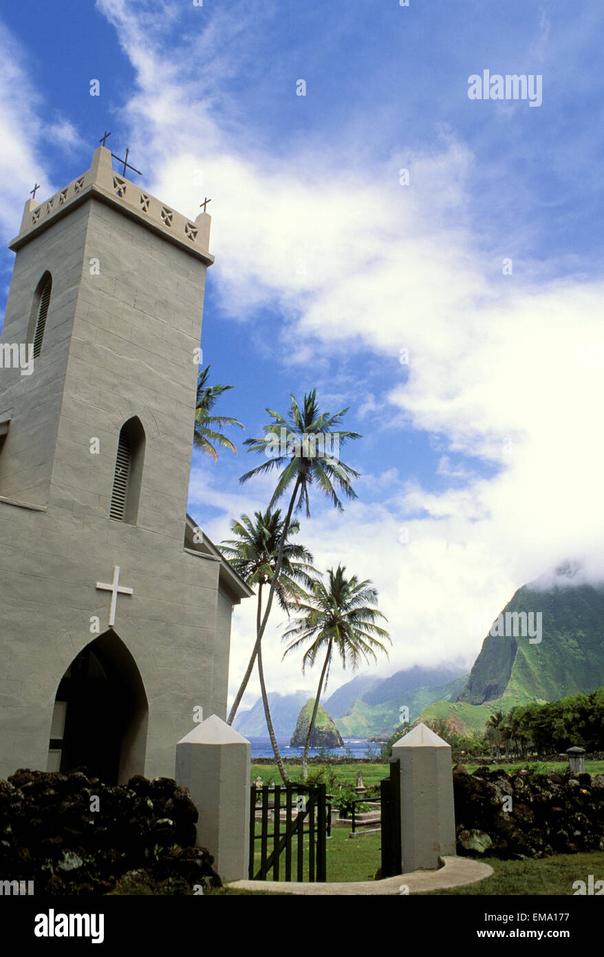Hawaii, Molokai, Kalawao Kalaupapa Peninsula, Exterior Of St.Philomena Church. Stock Photo