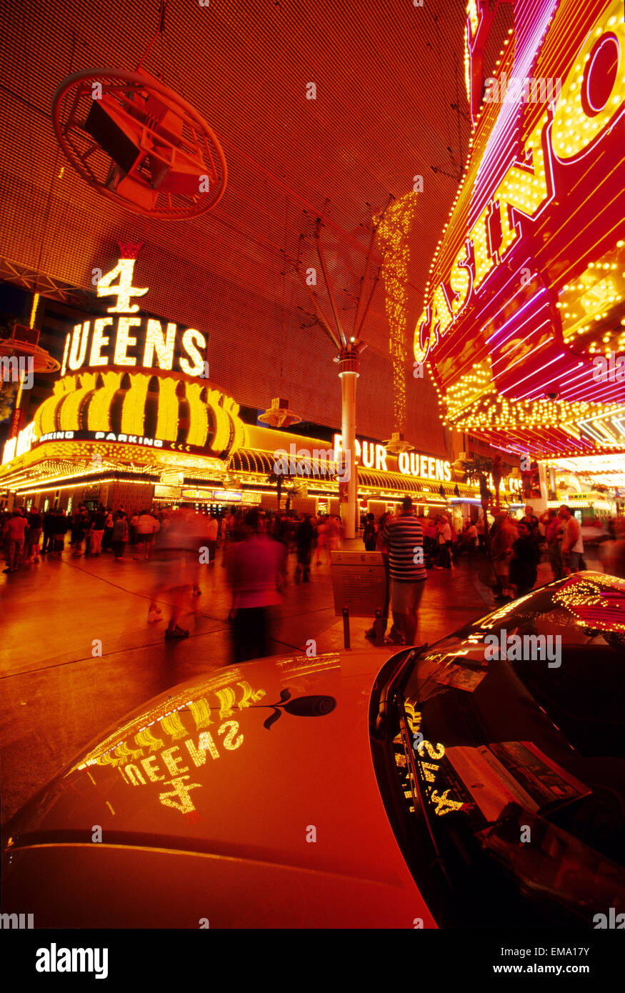 Nevada, Las Vegas, Fremont Casino, Neon Lights Reflects On A Car On