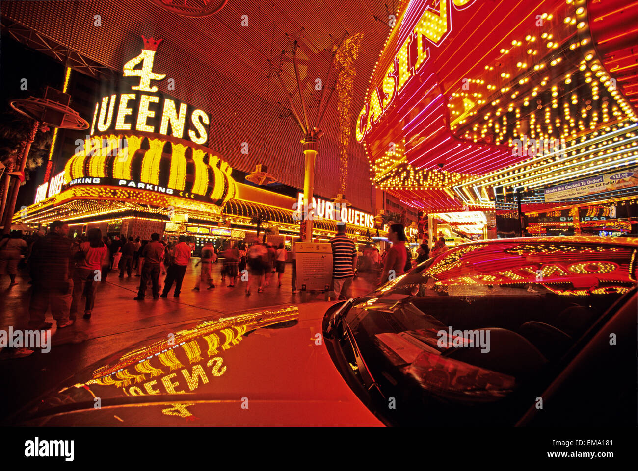 Nevada, Las Vegas, Fremont Casino, Neon Lights Reflects On A Car On