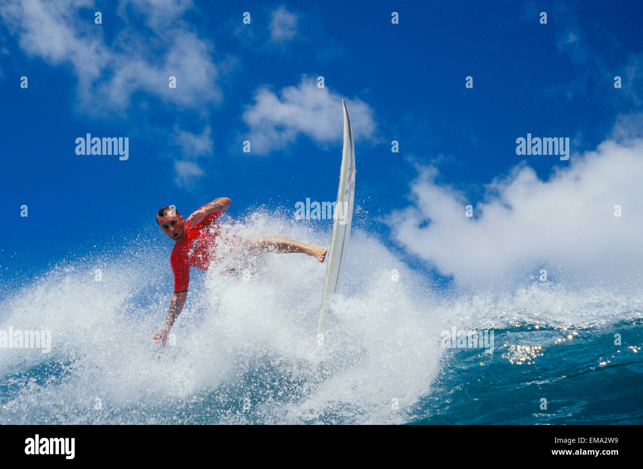 Surfer Jay Adams At Rocky Point, Action Shot, Big Surf And Blue Sky Stock Photo