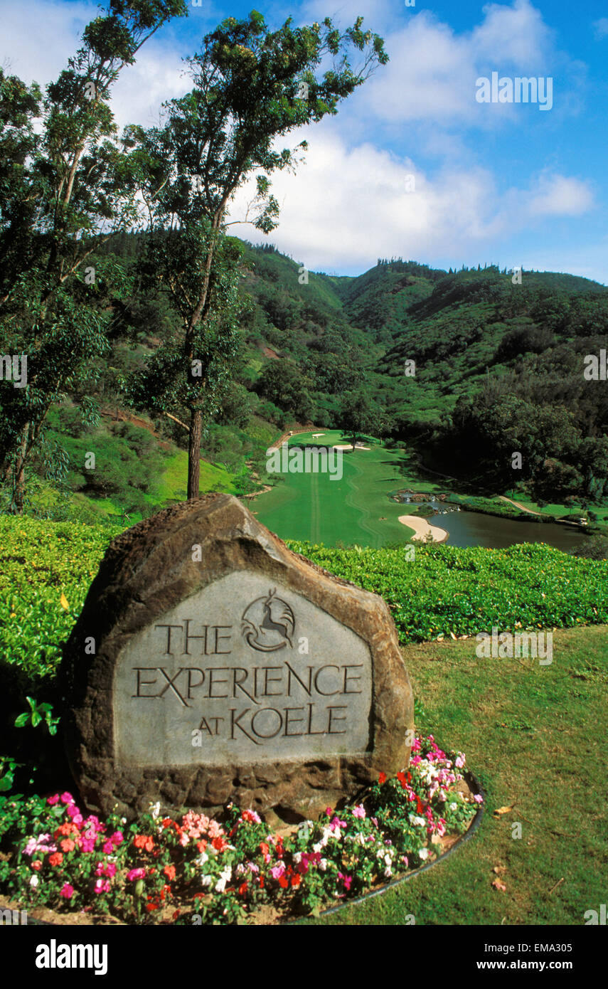 Hawaii, Lanai, The Experience At Koele Sign, View From Above Into Valley, 8Th Hole Stock Photo