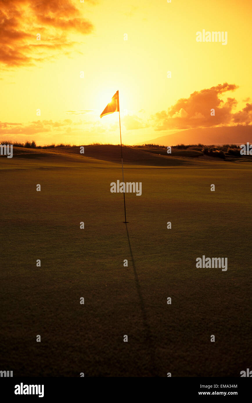 Hawaii, Maui, Kapalua Golf Club Plantation Course, 4Th Hole Flag At