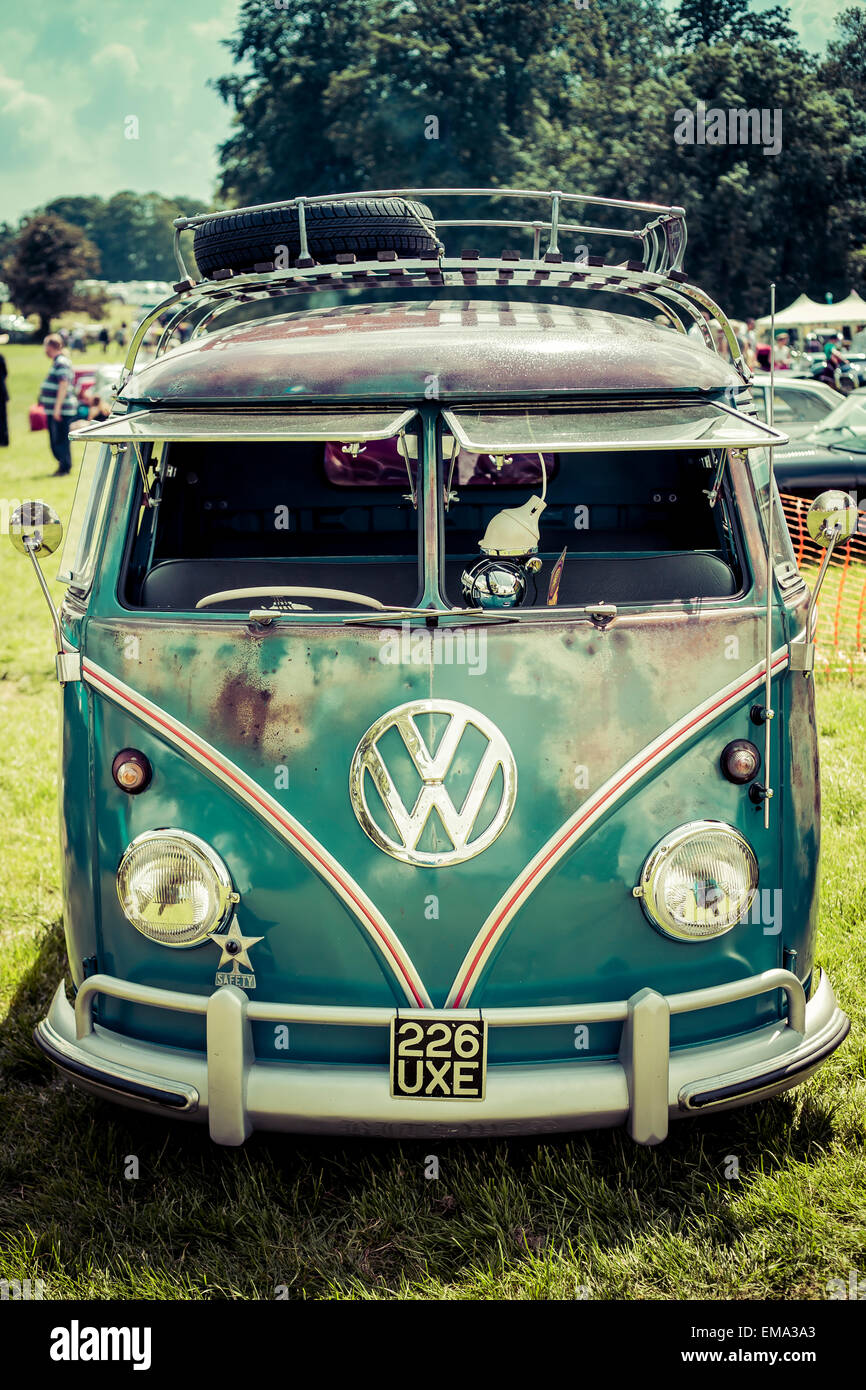 A restored Volkswagen VW Split Screen Camper Van at a country show, Stockton, Salisbury, Wiltshire UK Stock Photo - Alamy