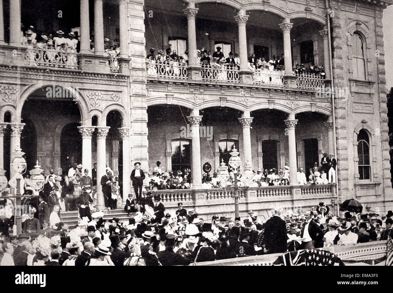Aug 12, 1898 Photograph Iolani Palace, Territory Of Hawaii Annexation Day Ceremony Crowd Of People Stock Photo