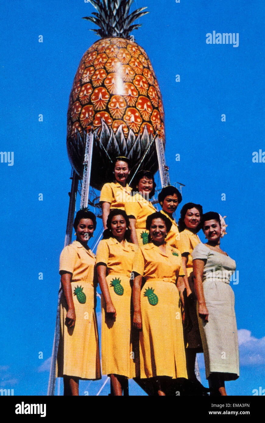 C.1960 Hawaii, Oahu, Female Workers In Yellow Uniform Standing In Front Of Dole Cannery Pineapple, Blue Skies, Postcard Stock Photo