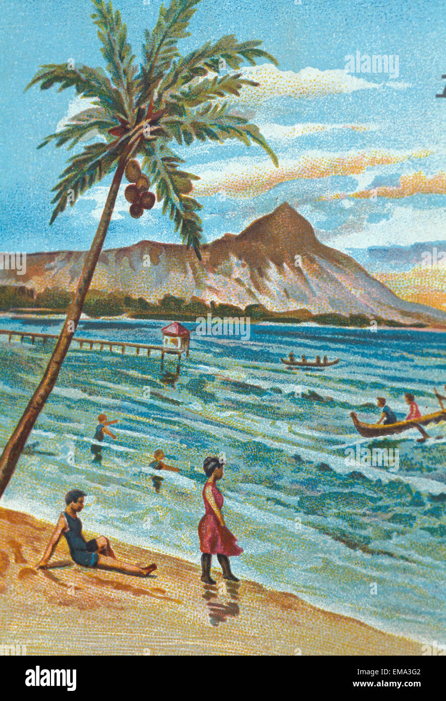 C.1905 Hawaii, Oahu, Waikiki, Outrigger Canoes Surfing With People