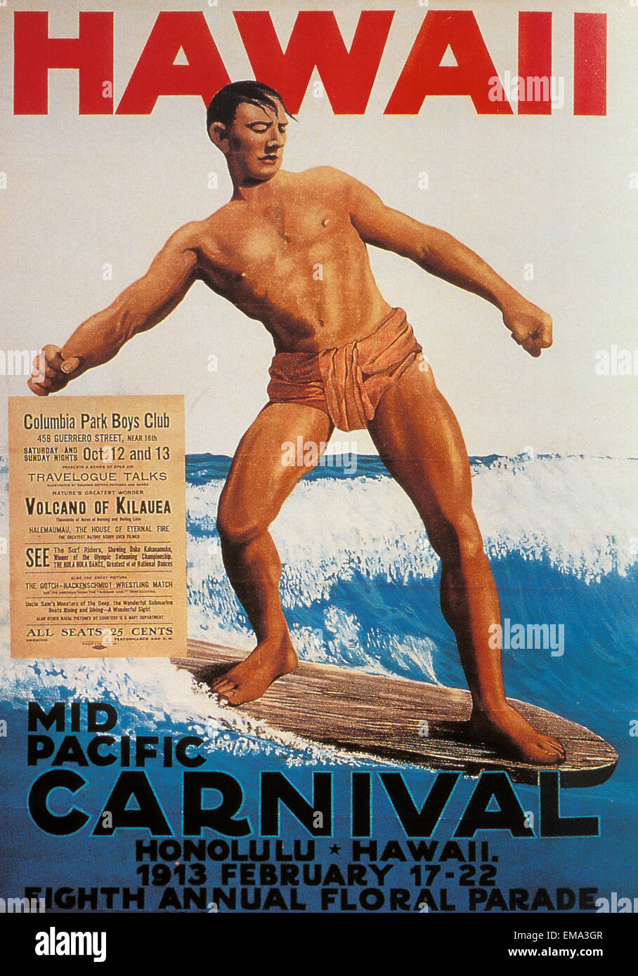 C.1915 Poster Art Of Mid Pacific Carnival With Surfer On Wave Stock Photo