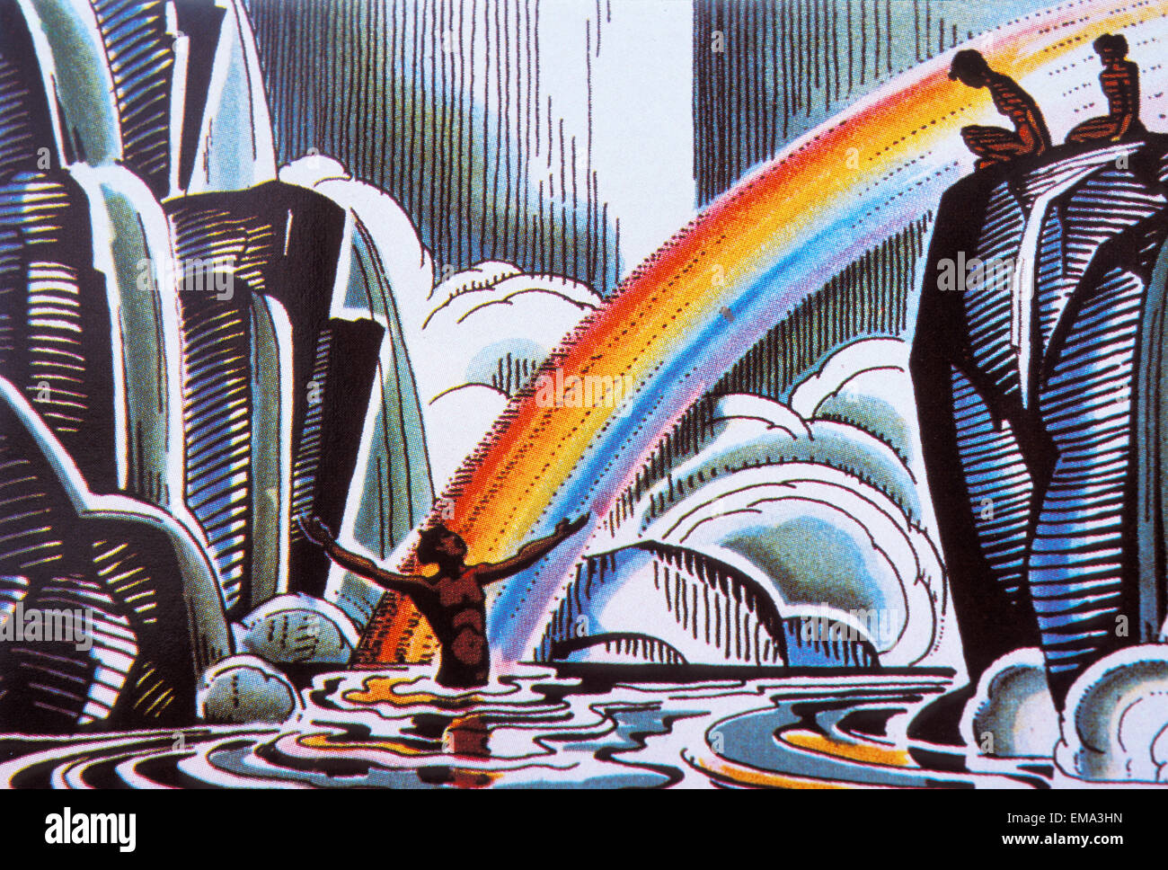 C.1935 Painting Of Waterfall And Rainbow With Man In Middle Of Water Arms In Air Stock Photo