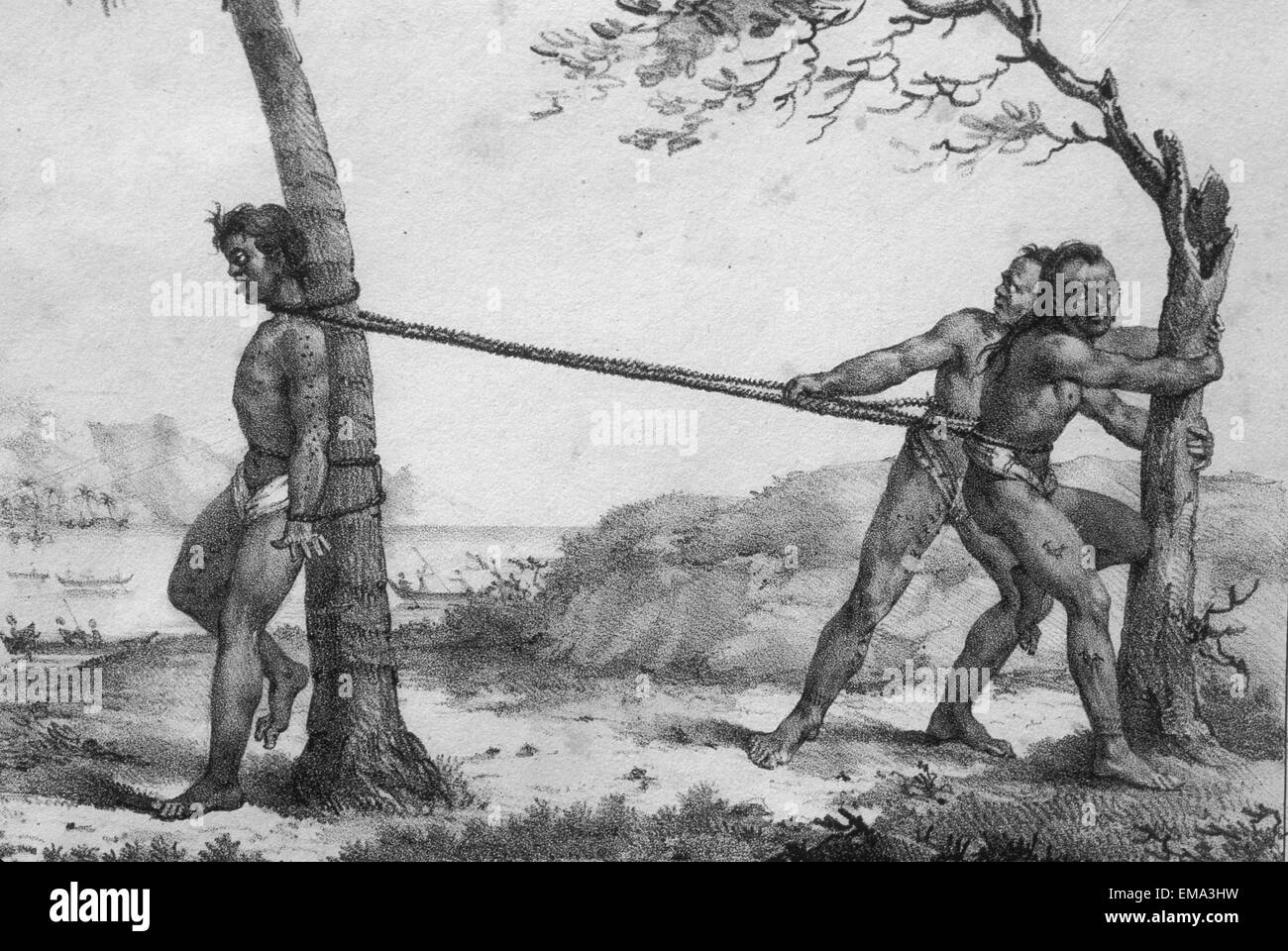 C.1819 Manner Of Punishing Strangulation, Jacques Arago, Man Strapped To Tree, Being Strangled Stock Photo
