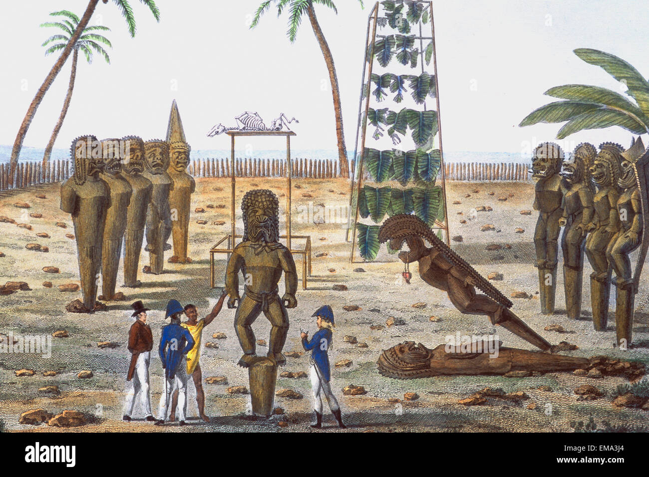 C.1819 Ki'i A Heiau, Jacques Arago, View Of Explorers Looking Over Native Statues Stock Photo