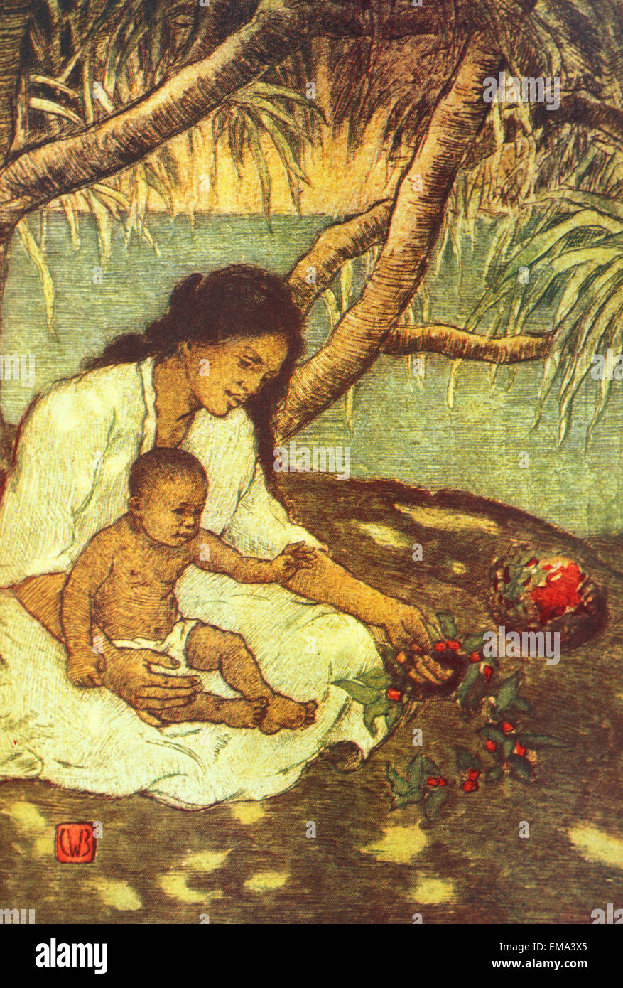 C.1935 C.W. Bartlett Art, Illustration Of Hawaiian Mother And Child Under Tree Stock Photo