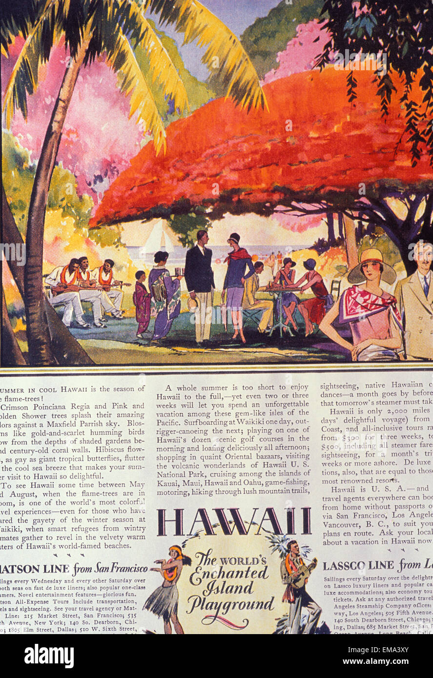 C.1925 Advertising Art For Hawaii, Tourist Bureau, Tourists At Party On Beach Stock Photo
