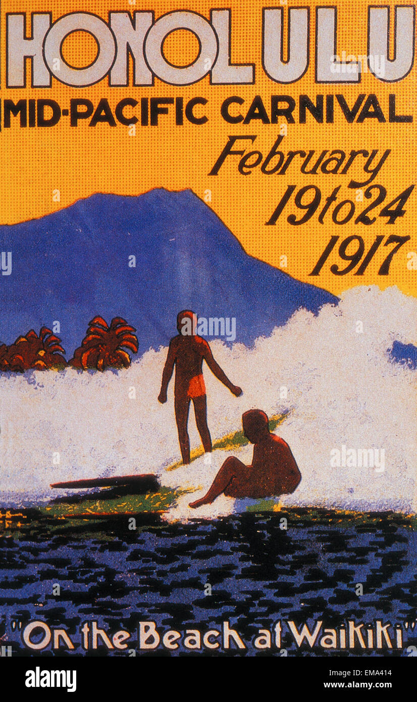 C.1917 Hawaii, Oahu, Poster, Mid Pacific Carnival, Painting, Surfers At Diamond Head Stock Photo