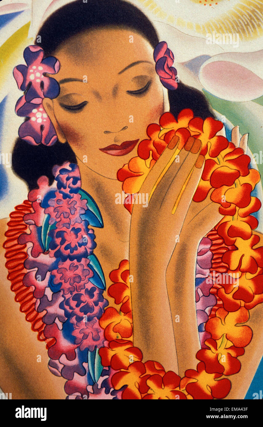 Painting of a hawaiian woman wearing flower leis Stock Photo