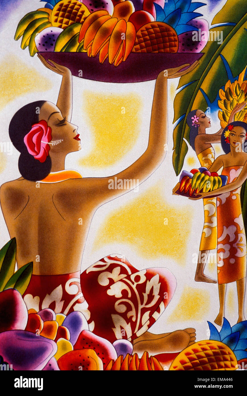 Painting depicting life in the pacific islands and tropical fruit Stock Photo