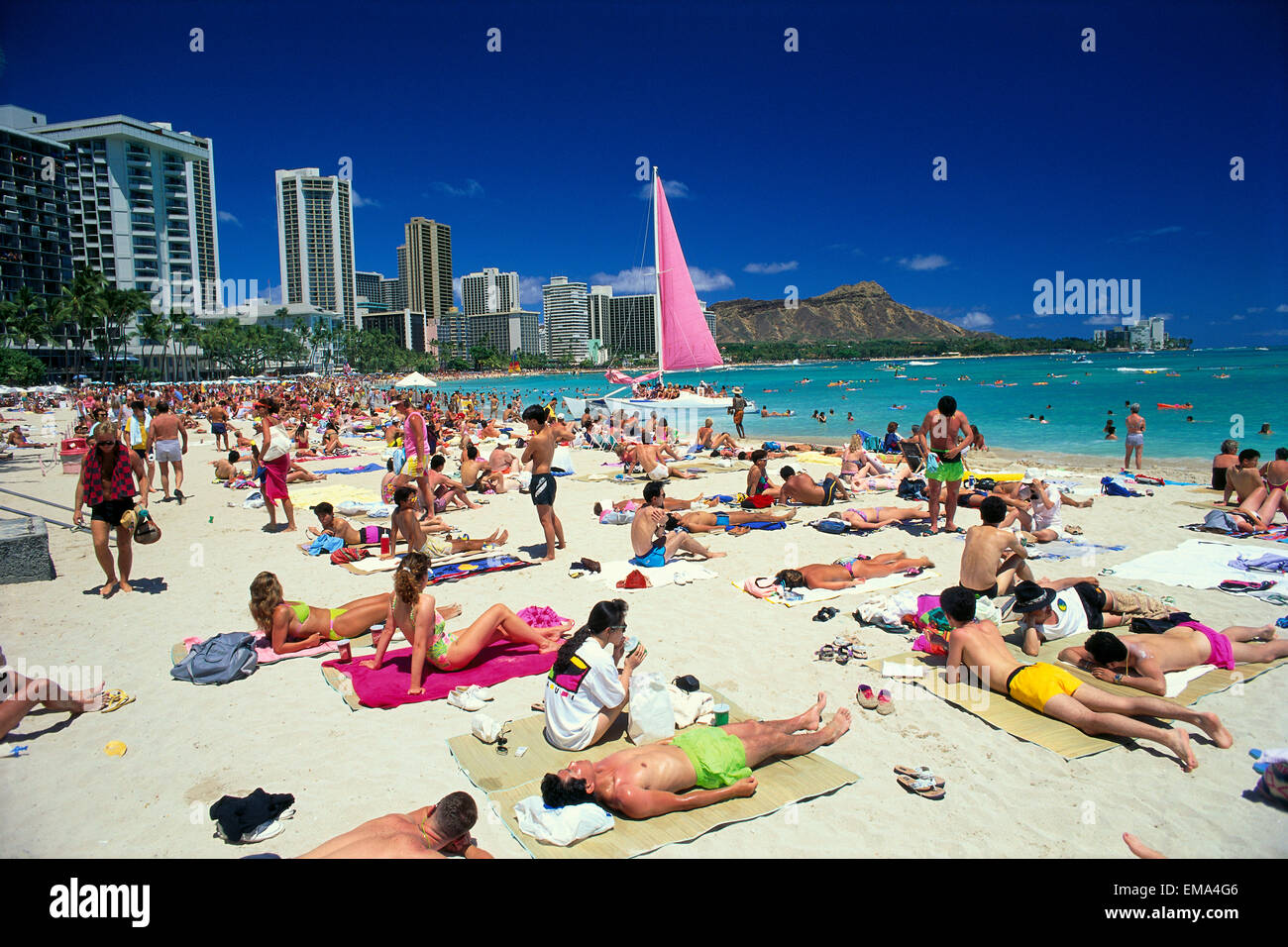 Hawaii, Oahu, Honolulu, Waikiki Beach With Crowds Of People Diamond